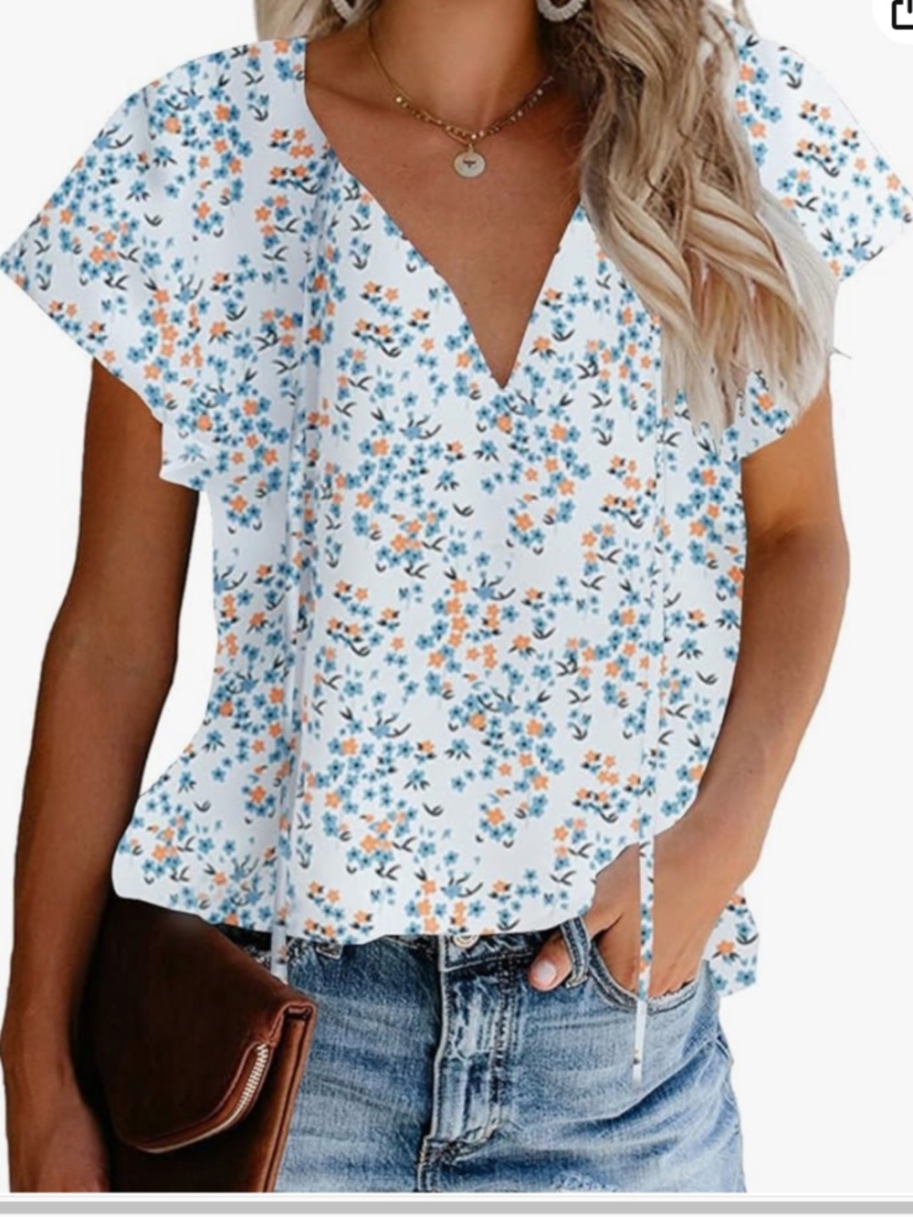 Floral Flutter Sleeve Blouse White Blue Peach Floral Top XL Plus Size